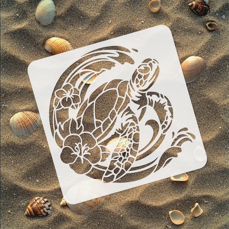 DOODLREAM Sea Turtle Flower Stencil for Painting, 11.8"x11.8" Reusable Plastic Sea Animal Waves Stencil Drawing Templates, DIY Craft Paint Template for Wall Home Decor Wood Burning Card Journal Paper - Image 4